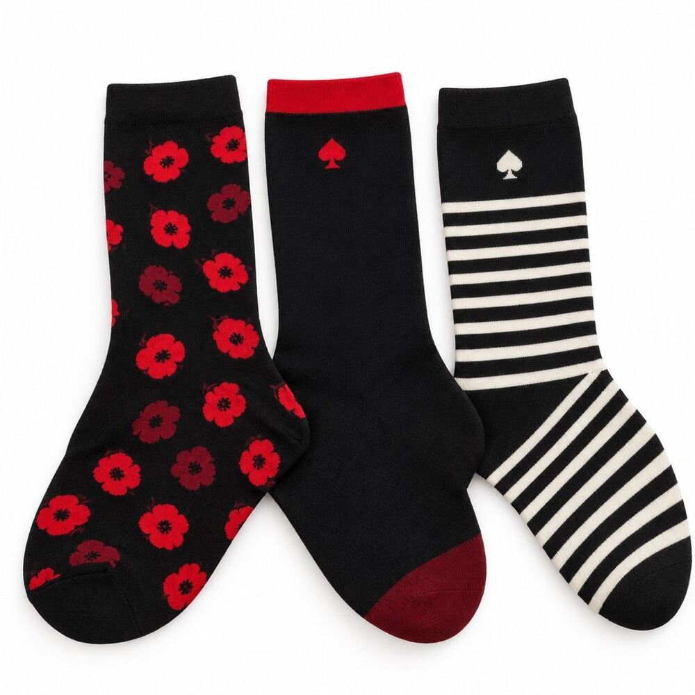 Kate Spade New York 3 Pack Crew Socks Black Red Floral Stripe NIB Gift Set